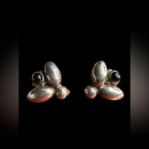 Vintage 925 Mexico Sterling Modernist Earrings Black Stone Screwback